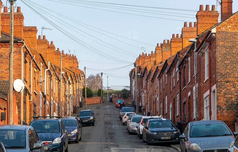 Victorian terraced housing with no front gardens, Bernard Street, inner city of Lincoln, Lincolnshire, England, UK