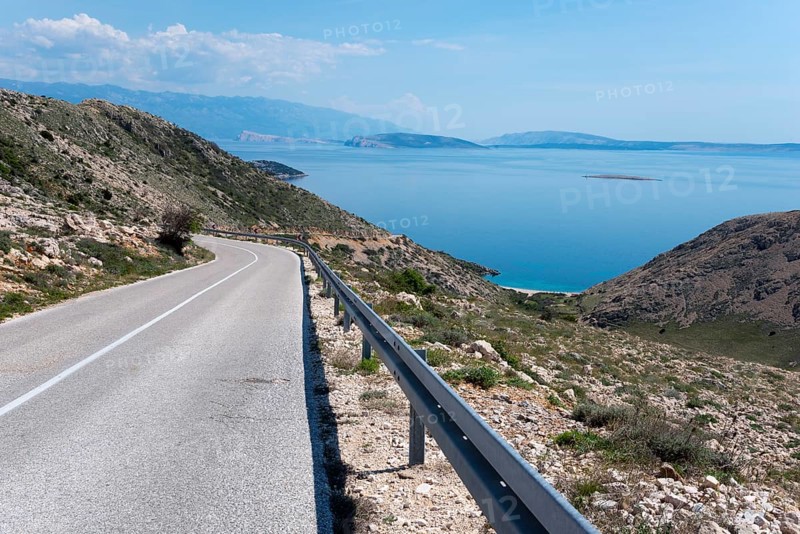 Winding road through mountainous landscape with sea view, mountain road towards Stara Baška, Stara Baska, Altweschke, Primorje-Gorski kotar, Croatia, Europe