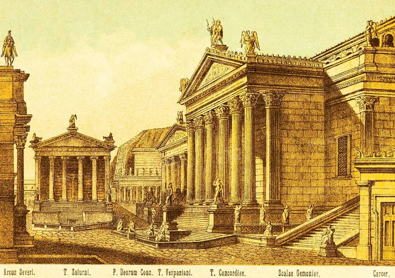 Arcus Severi or Arco di Settimio Severo, Arch of Septimius Severus, Templum Saturni, Temple of Saturn, Templum Concordiae, Tempio della Concordia, Scolae Gemoniae, Scale Gemonie or Germonian Stairs, Carcer, title, ancient Rome, Italy, coloured historical illustration from 1882, Europe