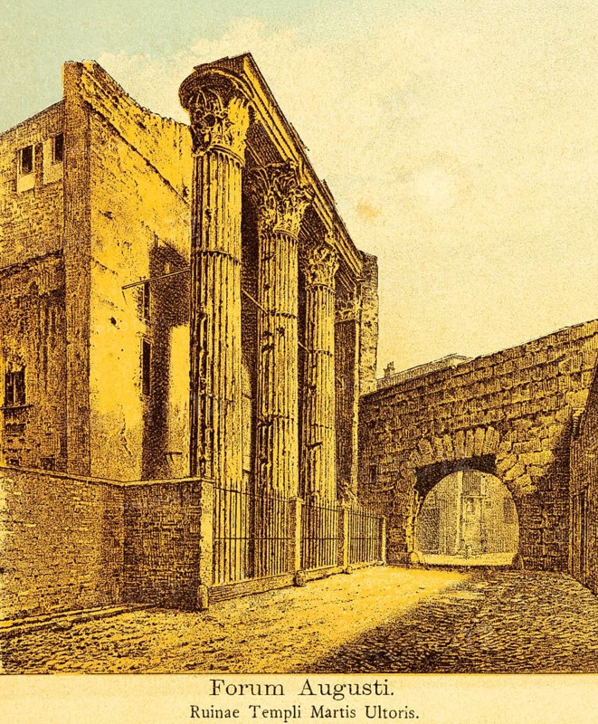 Ruins of the Tempio di Marte Ultore, Mars Ultore Temple on the Forum Augusti or Foro di Augusto, free-standing columns, gateway, street with cobblestones, Augustus Forum, ancient Rome, Italy, coloured historical illustration from 1882, Europe