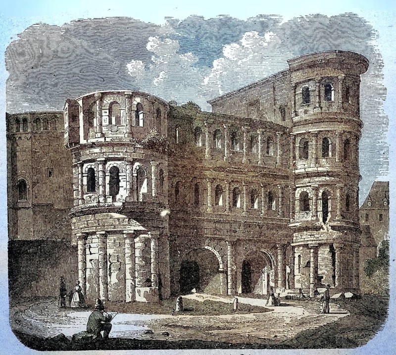 The Porta Nigra in Trier, Rhineland Palatinate, Deutschland, around 1875 / Die Porta Nigra in Trier, Rheinland Pfalz, um 1875, Historisch, historical, digital improved reproduction of an original from the 19th century / digital reproduction of an original from the 19th century