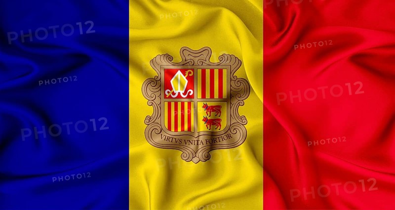 Close up of flag of Andorra with cloth texture. Realistic Andorra flag waving