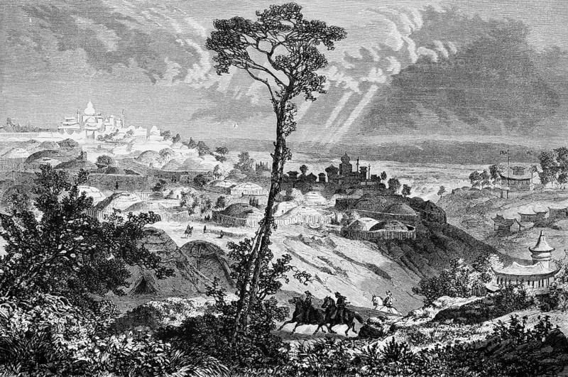 Mountainous landscape around Urga, today's Ulaanbaatar or Ulan Bator, city complex on a slope, capital, temple, round tents, horsemen, travelling in Asia, Mongolia, historical illustration 1887, Asia