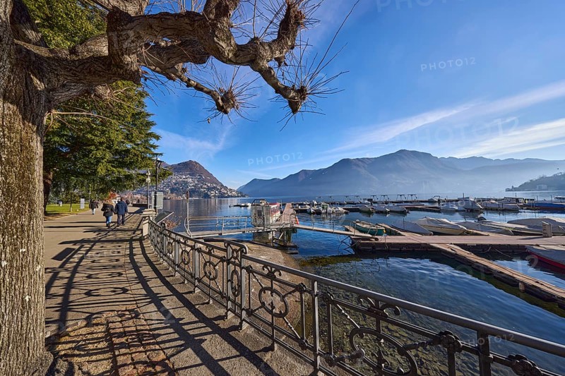 Lakeside promenade, lake, railing with decorations, sidelight, shadow, trees, hill, marina, blue sky with veil clouds, Lake Lugano, Lugano, district Lugano, canton Ticino, Switzerland, Europe