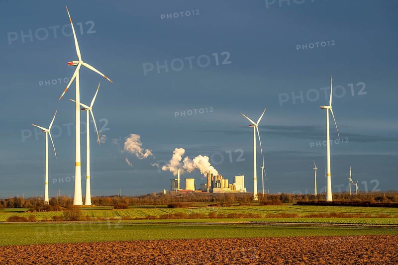 RWE Power lignite-fired power plant Neurath, RWE wind farm near Grevenbroich, power plant units, chimneys, cooling towers, North Rhine-Westphalia, Germany, Europe