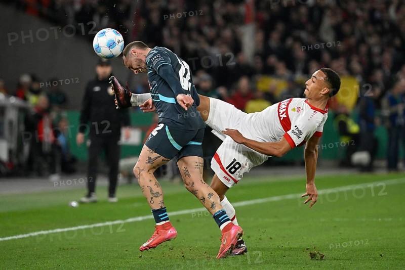 Duel, action Jamie Leweling VfB Stuttgart (18) against David Raum RasenBallsport Leipzig RBL (22) semi-final, DFB Cup, MHPArena, MHP Arena Stuttgart, Baden-Württemberg, Germany, Europe