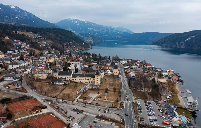 Drone shot, view of the town, Millstatt Abbey, Millstatt, Lake Millstatt, Carinthia, Austria, Europe