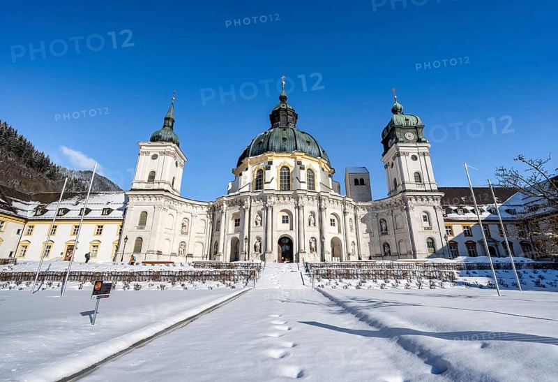 Ettal Abbey, baroque Benedictine abbey, inner courtyard with snow in winter, Ettal, Upper Bavaria, Bavaria, Germany, Europe