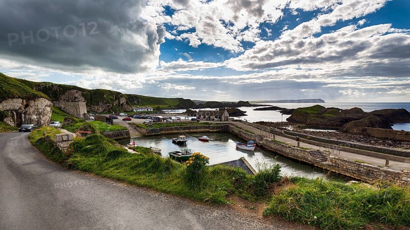 View of fishing harbour, Ballintoy Harbour, Causeway Coastal Route, Antrim, Northern Ireland, Great Britain