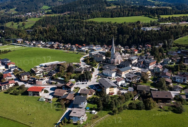 Drone image, settlement area, view of village with church, Pfarrwerfen, Salzachtal, Pongau, Salzburg province, Austria, Europe