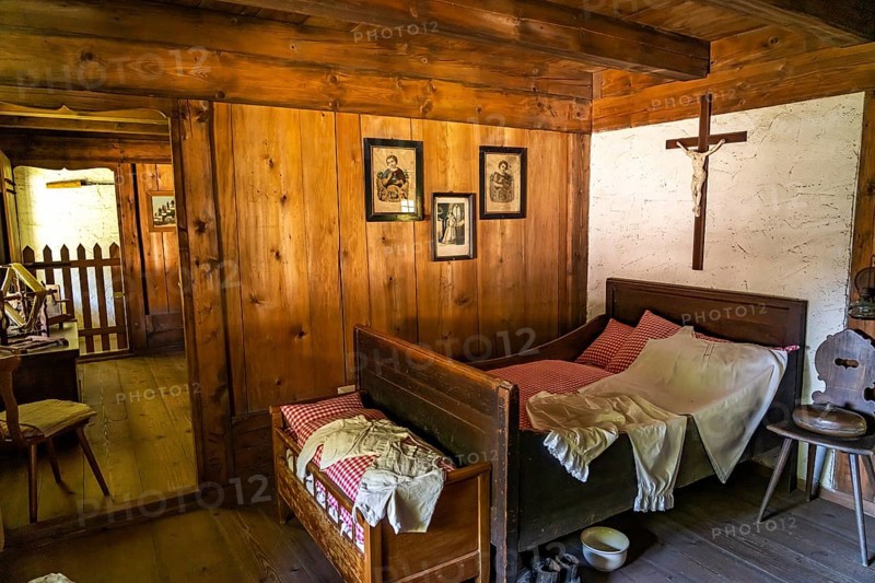 Bedroom of a historic farmhouse in the Black Forest Open-Air Museum Vogtsbauernhof, Black Forest, Gutach, Baden-Württemberg, Germany, Europe
