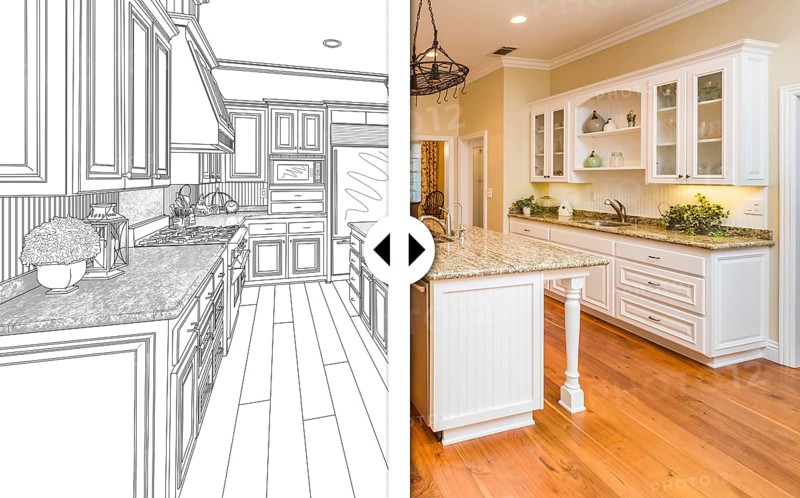 Before and after slider comparing pencil sketch drawing plans and completed custom kitchen
