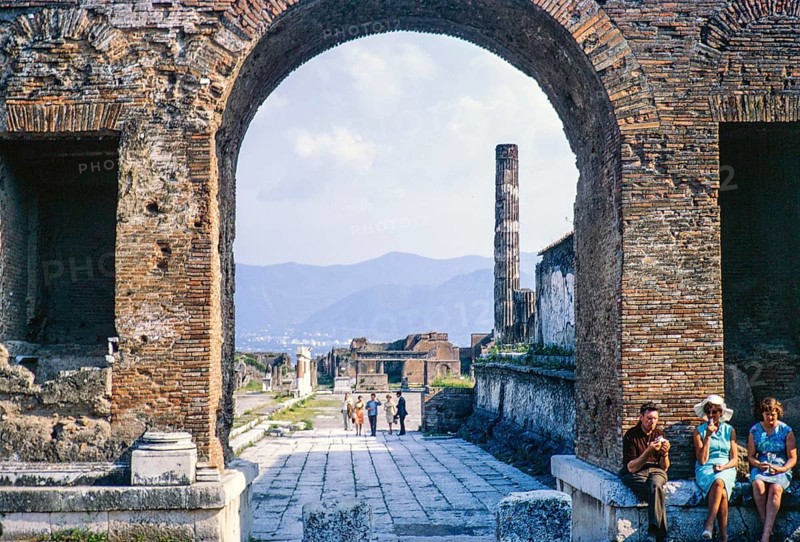 Tourists visit the Roman ruins Archaeological Park of Pompeii, Naples, Italy, Europe 1967, Europe