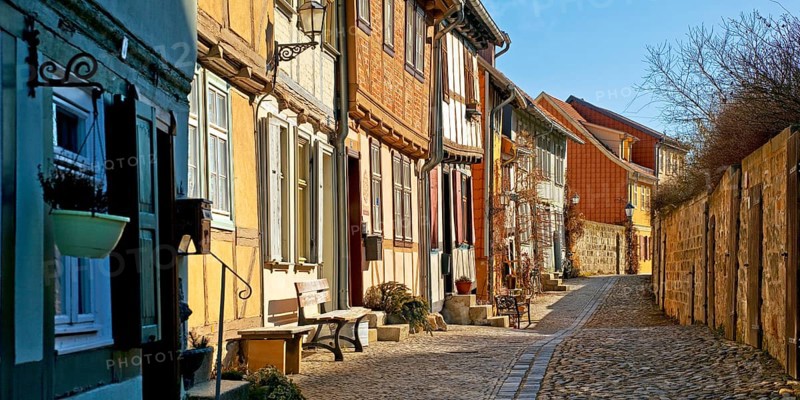 Half-timbered houses with cobblestones on the Schlossberg, Old Town of the World Heritage City of Quedlinburg, Saxony-Anhalt, Germany, Europe