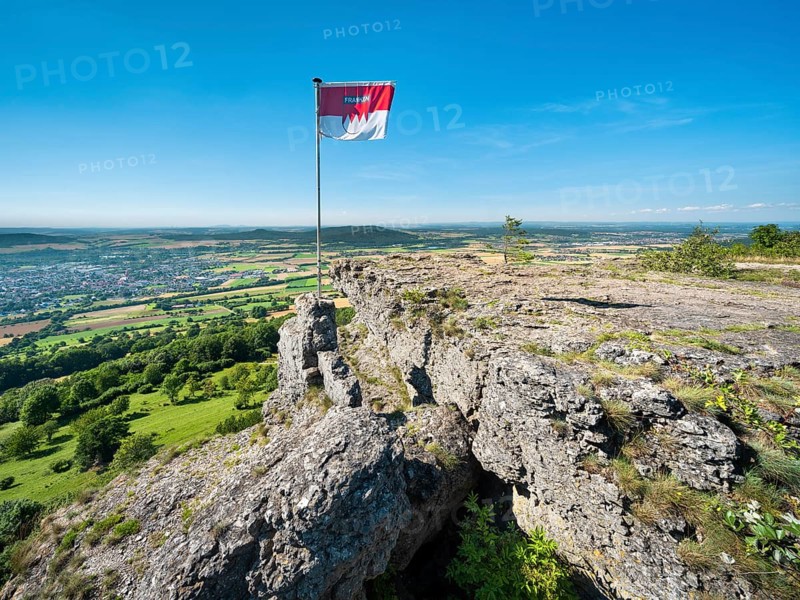View from Staffelberg with Franconian flag, Bad Staffelstein, Upper Franconia, Franconian Switzerland, Franconian Alb, Bavaria, Germany, Europe