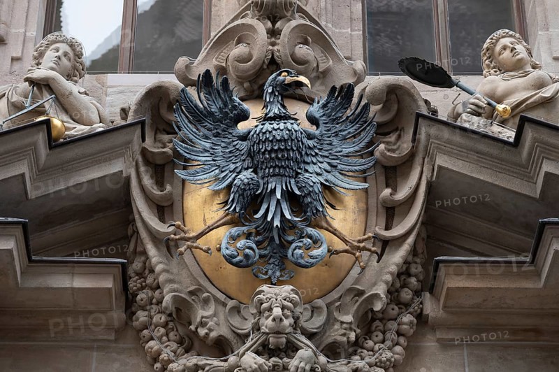Sculptural imperial eagle above an entrance portal of the Old Town Hall, built in 1616, Nuremberg, Middle Franconia, Bavaria, Germany, Europe