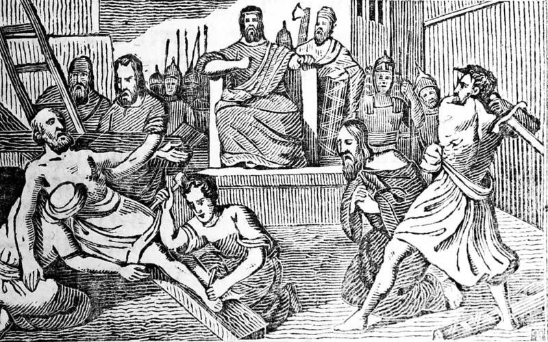 Paul is beheaded and Peter crucified under Emperor Nero in Rome, woodcut, historical illustration, Christoph Schmid's Biblical History 1831