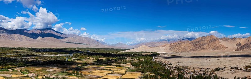 Panorama of Indus valley in Himalayas from Thiksey gompa. Ladakh, India, Asia