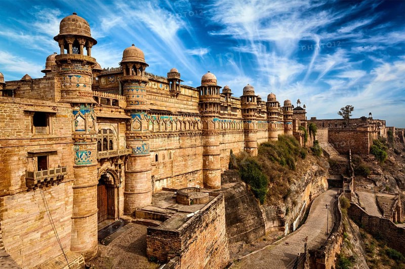 Famous indian landmark, Gwalior fort in daytime. Gwalior, Madhya Pradesh, India, Asia
