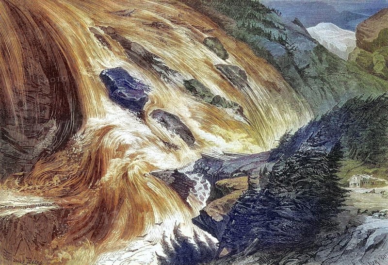 The Mont Cenis disaster, destruction of the railway line near Saint-Michel, 1869, Auvergne-Rhône-Alpes, France, Historical, digitally restored reproduction of an original 19th century master, exact original date unknown, Europe