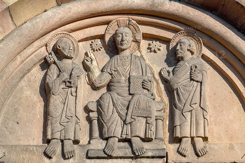 Tympanum on the west portal, Romanesque Minster Schwarzach, Rheinmünster, Baden-Württemberg, Germany, Europe