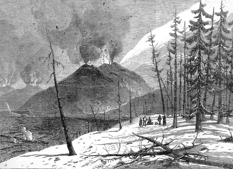 Eruption of Etna Volcano, Etna, in 1865, Sicily, Italy, Historical, digitally restored reproduction of an original 19th century painting, exact original date unknown, Europe
