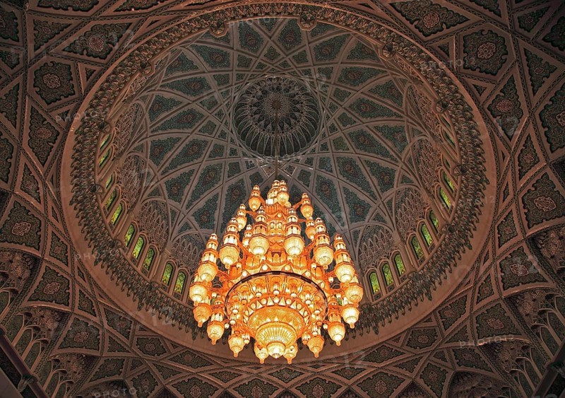 The Great Sultan Qabus Mosque in Muscat is the main mosque in Oman. It is considered one of the most important buildings in the country and one of the largest mosques in the world. Large chandelier in the men's prayer hall, Oman, Asia