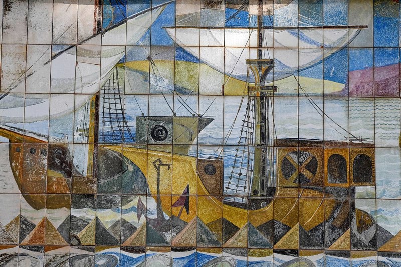 Painted wall tiles with seafarer motif on the castle hill, Cartagena, Region of Murcia, Spain, Europe