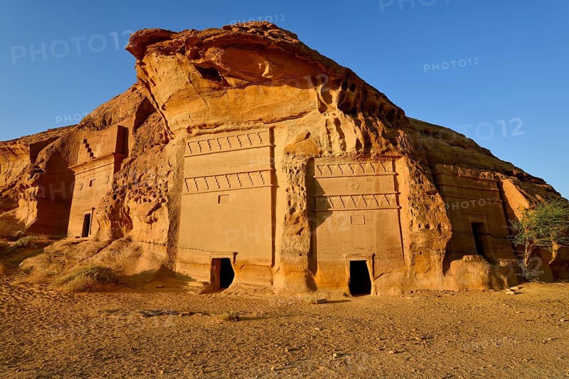Nabataean tombs at Djabal Al-Ahmar in first light, Hegra or Mada'in Salih, AlUla region, Medina province, Saudi Arabia, Arabian Peninsula, Asia