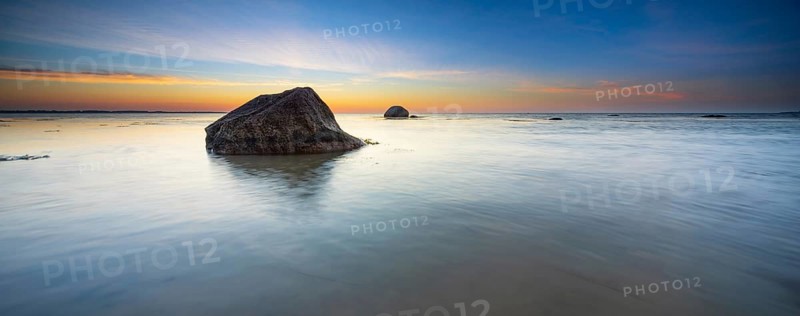 Panorama, Large boulders on the beach of the Baltic Sea at sunset, Wismar Bay, Baltic Sea, Mecklenburg-Western Pomerania, Germany, Europe