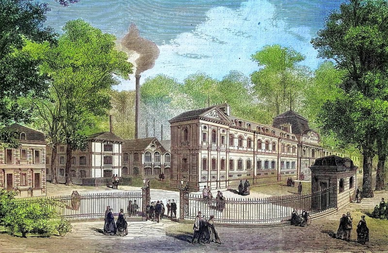 New buildings of the imperial porcelain manufactory in Sevres, Manufacture royale de porcelaine de Sèvres is one of the most important European manufactories for the production of fritted porcelain, 1869, France, Historic, digitally restored reproduction of an original 19th century master, exact original date unknown, Europe