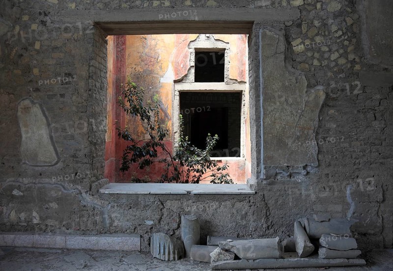 Villa of Poppea, view through window of the remains of the fresco decoration. Historic town of Oplontis, Torre Annunziata, Campania, Italy, Europe