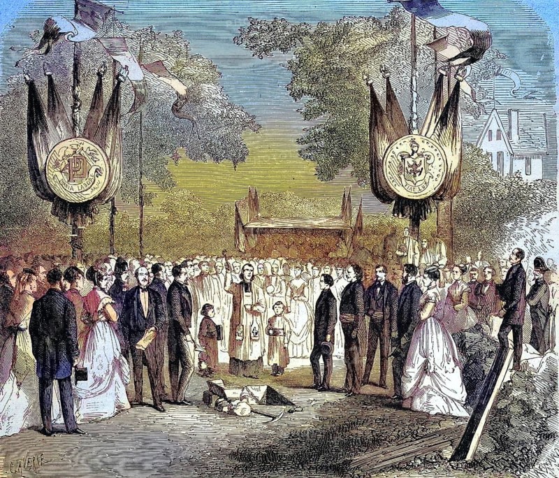 Laying of the foundation stone for the typographical villa founded in Livry-Gargan, 1869, France, Historic, digitally restored reproduction of an original 19th century master, exact original date not known, Europe