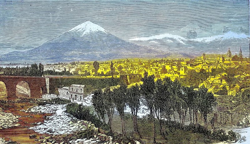 Arequipa, the capital of the Arequipa region of the same name in the south of the South American Andean state of Peru, 1869, Historical, digitally restored reproduction of a 19th century original, exact original date unknown