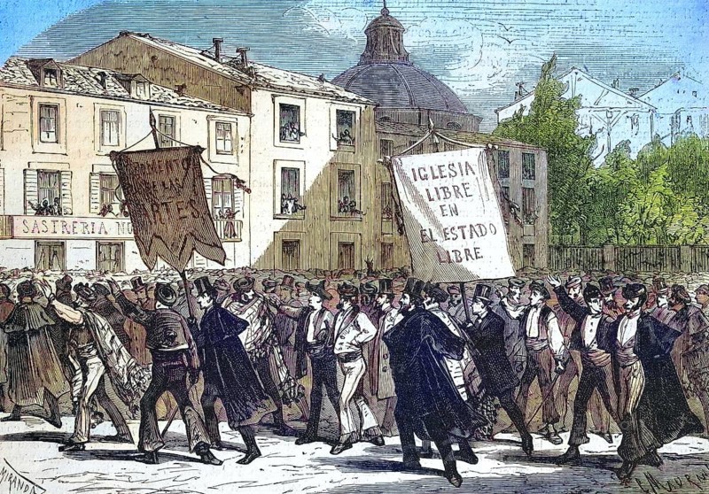 Demonstration for religious freedom in Madrid, 1869, Spain, Historic, digitally restored reproduction of an original 19th century artwork, exact original date unknown, Europe