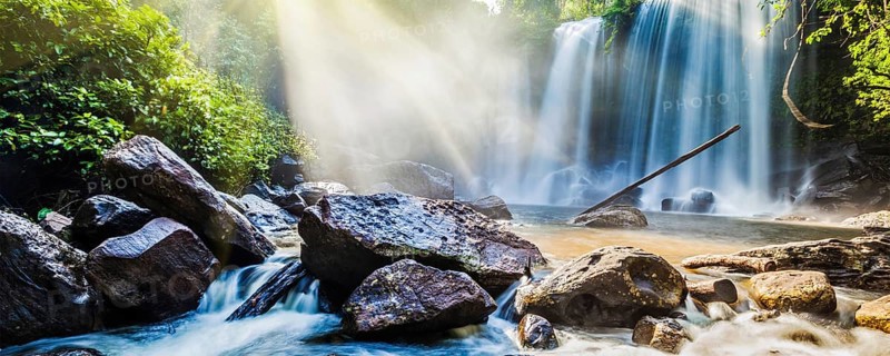 Panorama of Tropical waterfall Phnom Kulen, Cambodia, Asia