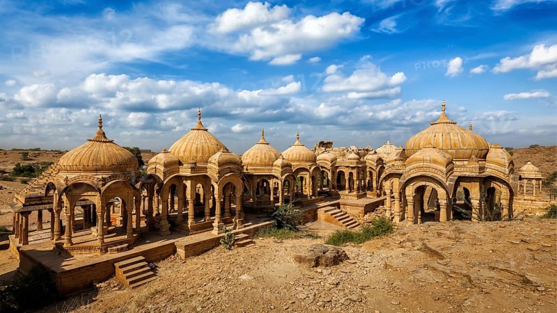 Panorama of Bada Bagh cenotaphs in Jodhpur, Rajasthan, India, Asia