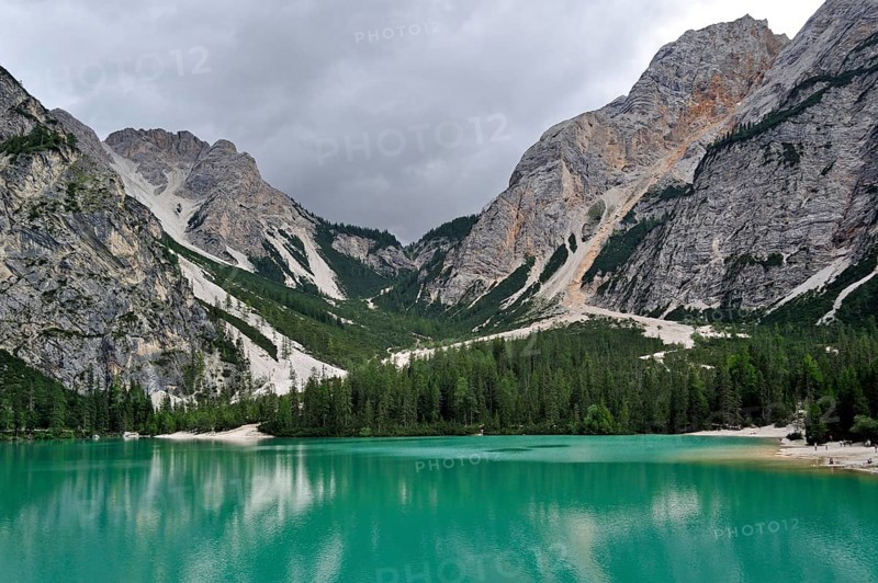 Turquoise water of the Lake Prags Lake, surrounded by pine forest and mountains in the Lake Prags Dolomites in South Tyrol, Italy, Europe