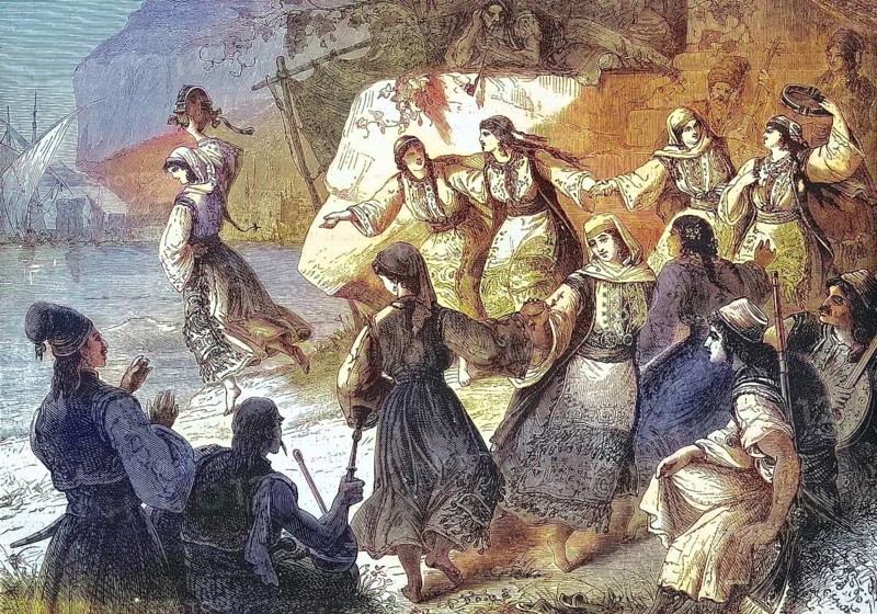 Women in traditional traditional costume dancing Romaika, a folk dance from Greece, in 1869, Historical, digitally restored reproduction of an original 19th century original, exact original date unknown