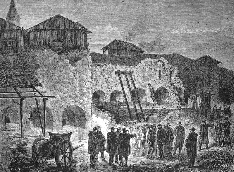 A Police Raid on the Quarries of America, 1868, Historic, digitally restored reproduction of an original 19th century artwork, exact original date unknown