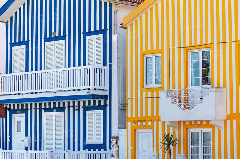 Traditional wooden striped house facade, Costa Nova do Prado, Aveiro, Portugal, Europe