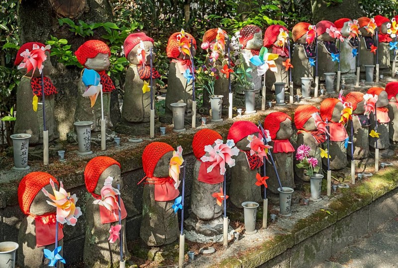 Jizo statues at the Garden of Unborn Children, Zoj-ji temple, Tokyo, Japan, Asia