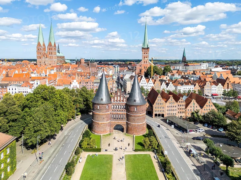 Holstentor Holsten Tor aerial view in the Hanseatic city of Lübeck, Germany, Europe