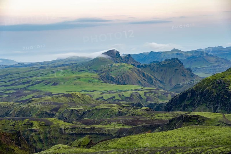Moss-covered volcanic mountain landscape, Pakgil, Iceland, Europe