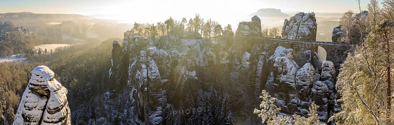 Panorama of Neurathen Castle and the Bastei Bridge on a winter morning, in the background the Lilienstein, Saxon Switzerland, Saxony, Germany, Europe