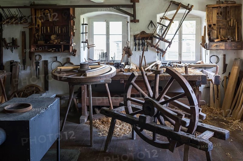 View into the historic workshop of a wheelwright, Seiffen Open-Air Museum, Erzgebirge, Saxony, Germany, Europe