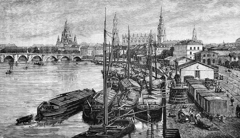 City view of the Saxon capital Dresden on the Elbe, harbour with barges, railway with freight traffic, workers, dome of the Church of Our Lady, Elbe bridge, travel, Saxony, Germany, historical illustration 1885, Europe