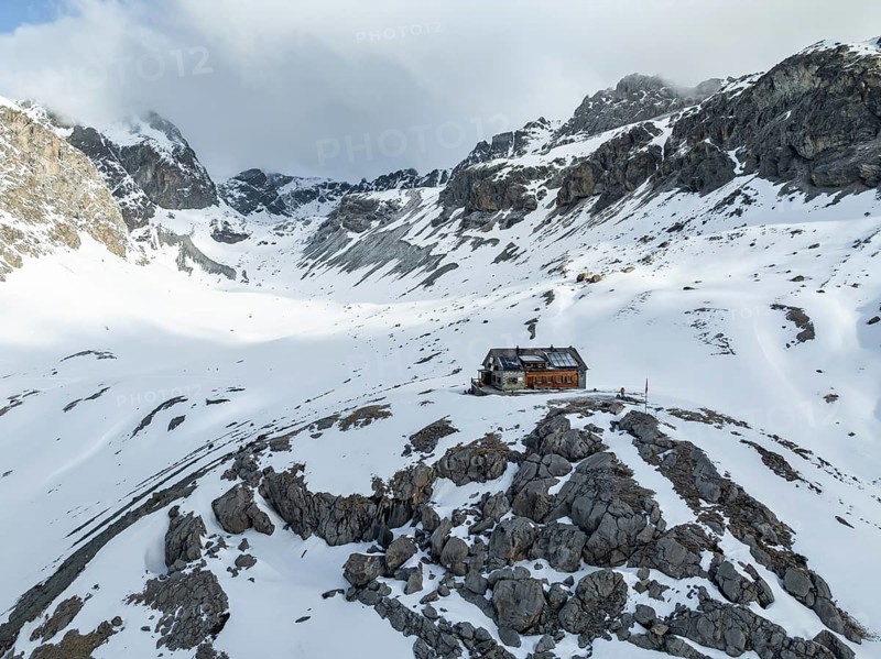 Winter in the mountains, Chamanna Jenatsch CAS, Swiss Alpine Club hut, Val Beve, Graubünden, Switzerland, Europe