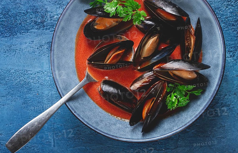 Fra Diavolo mussels, mussels in tomato sauce, Italian dish, on a blue background, homemade, no people