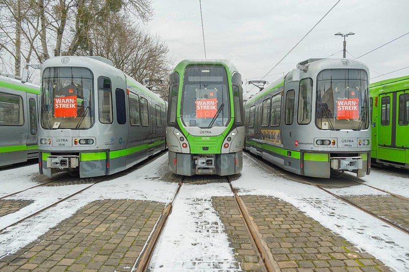 View of a TW 3000 and TW 2000 train of the Üstra with a strike poster stuck to the windscreen, Verdi, strike, trade union, Hanover, Lower Saxony, Germany, Europe